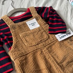 Old Navy Kids Brown Corduroy Overalls with Striped Top